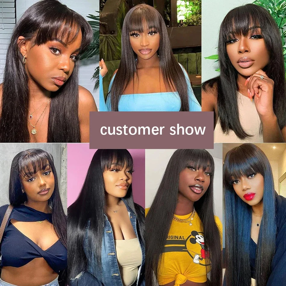 Wholesale Peruvian Straight Human Hair Wig With Bangs Remy Full Machine Made Wigs for Black Women Natural Color On Sale