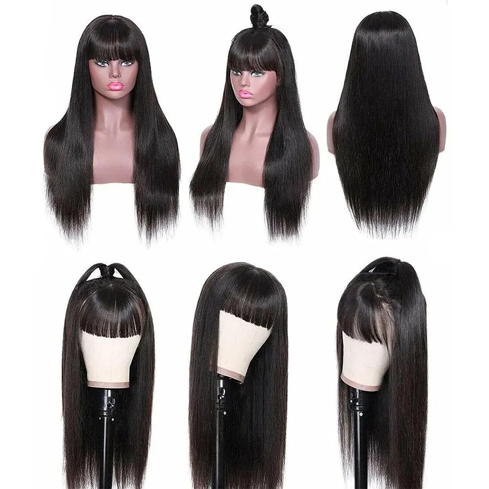 Wholesale Peruvian Straight Human Hair Wig With Bangs Remy Full Machine Made Wigs for Black Women Natural Color On Sale