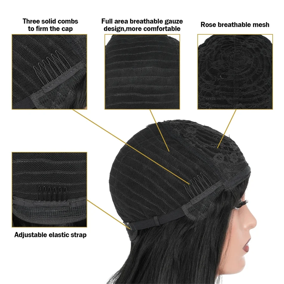 Wholesale Peruvian Straight Human Hair Wig With Bangs Remy Full Machine Made Wigs for Black Women Natural Color On Sale