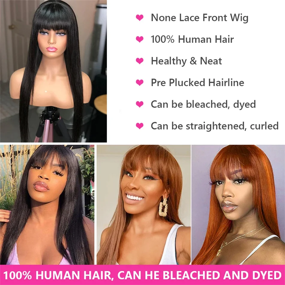Wholesale Peruvian Straight Human Hair Wig With Bangs Remy Full Machine Made Wigs for Black Women Natural Color On Sale