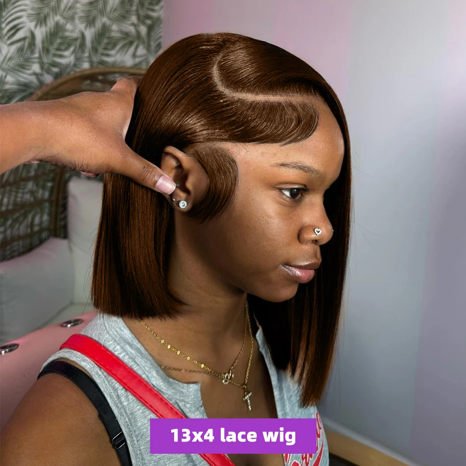 Brazilian 250 Density Short Bob 13x4 HD Transparent Lace Front Human Hair Wig Chocolate Brown Straight 13x5 Lace Frontal Wigs