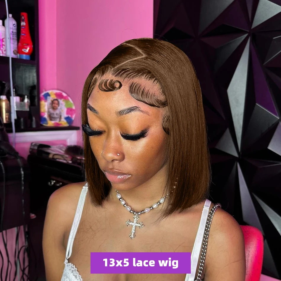 Brazilian 250 Density Short Bob 13x4 HD Transparent Lace Front Human Hair Wig Chocolate Brown Straight 13x5 Lace Frontal Wigs
