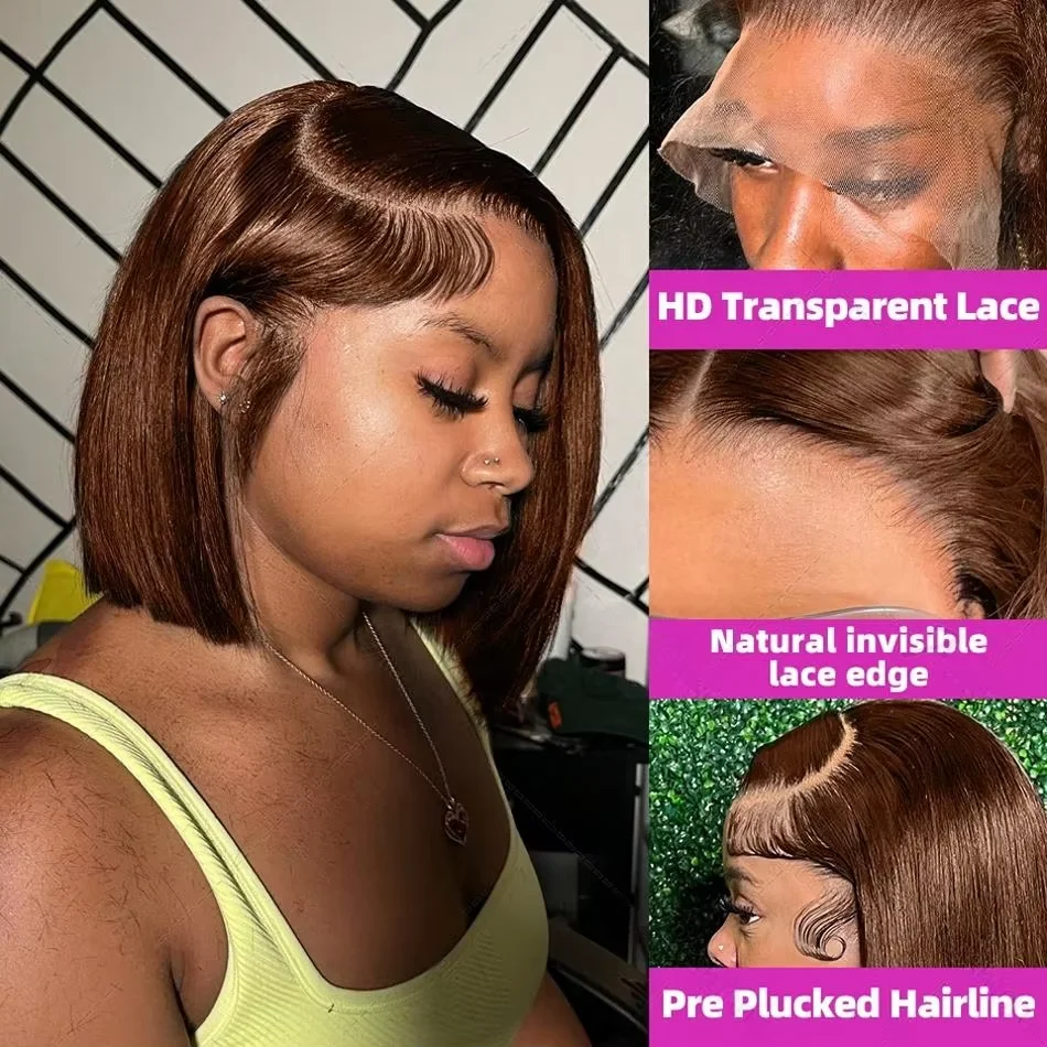 Brazilian 250 Density Short Bob 13x4 HD Transparent Lace Front Human Hair Wig Chocolate Brown Straight 13x5 Lace Frontal Wigs