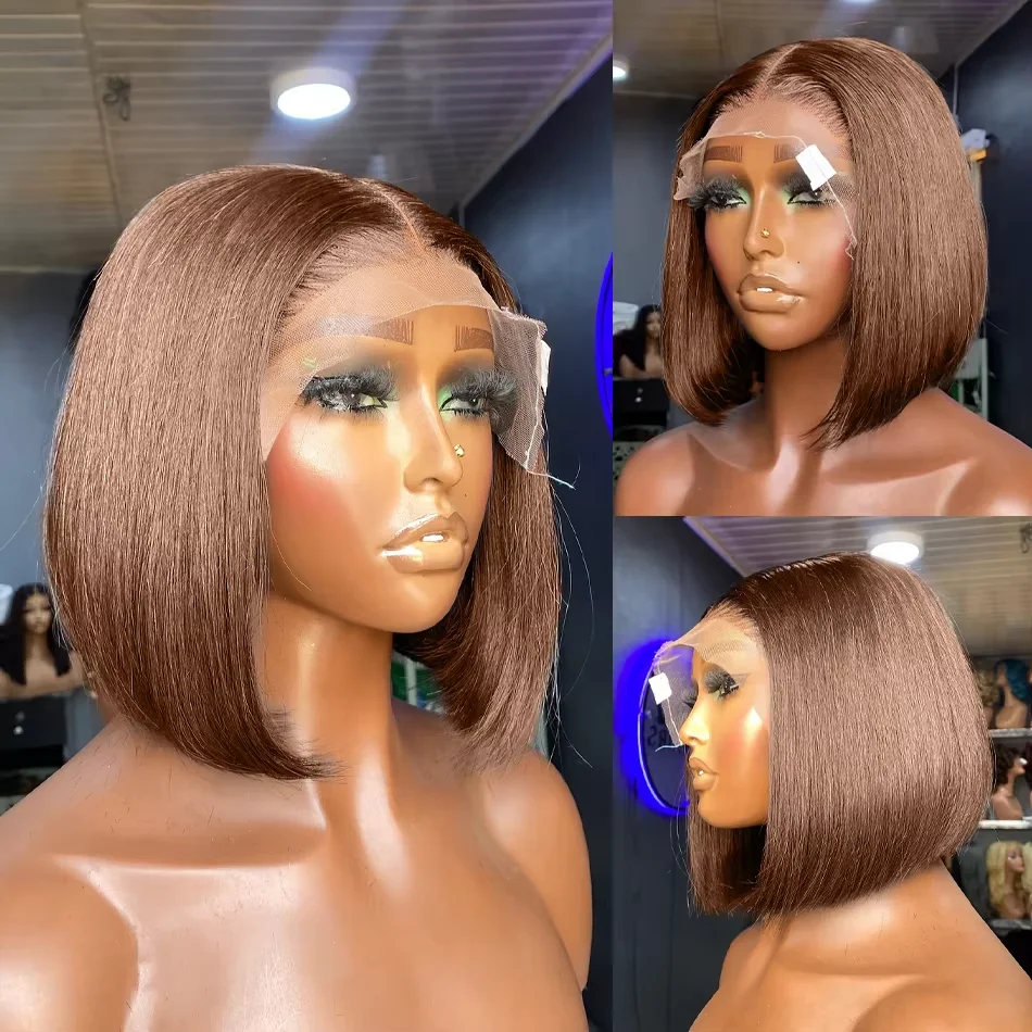 Brazilian 250 Density Short Bob 13x4 HD Transparent Lace Front Human Hair Wig Chocolate Brown Straight 13x5 Lace Frontal Wigs